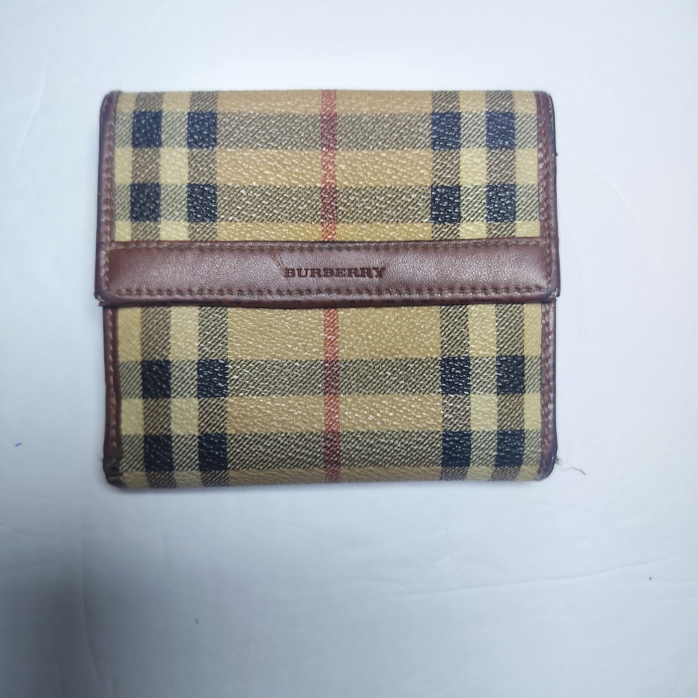 Burberry Haymarket‎ Check Bifold Wallet Brown Leather Trim Made in Italy